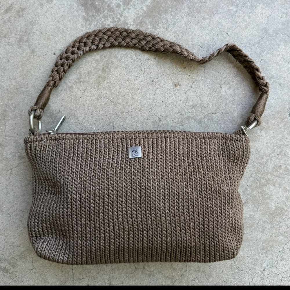 Lina Handbag Purse Knit Woven taupe Shoulder Bag Floral Lined Y2K Pink Lining
